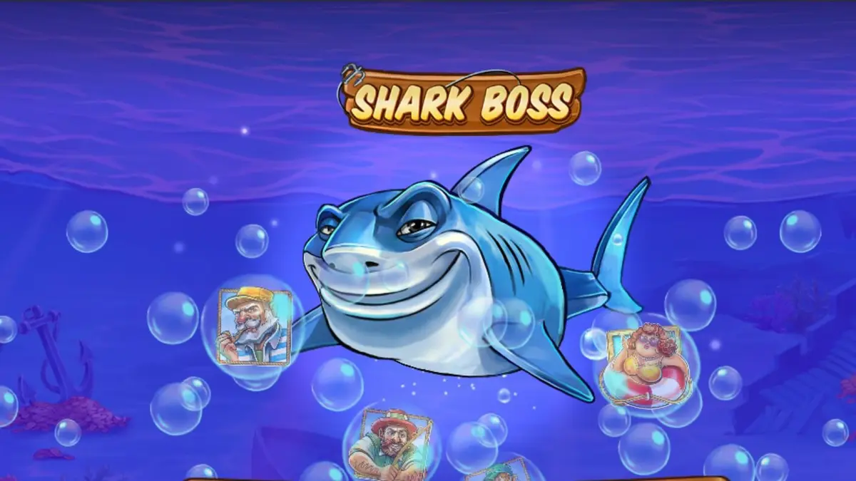 Tampilan visual slot Shark Boss dengan hiu di atas perahu